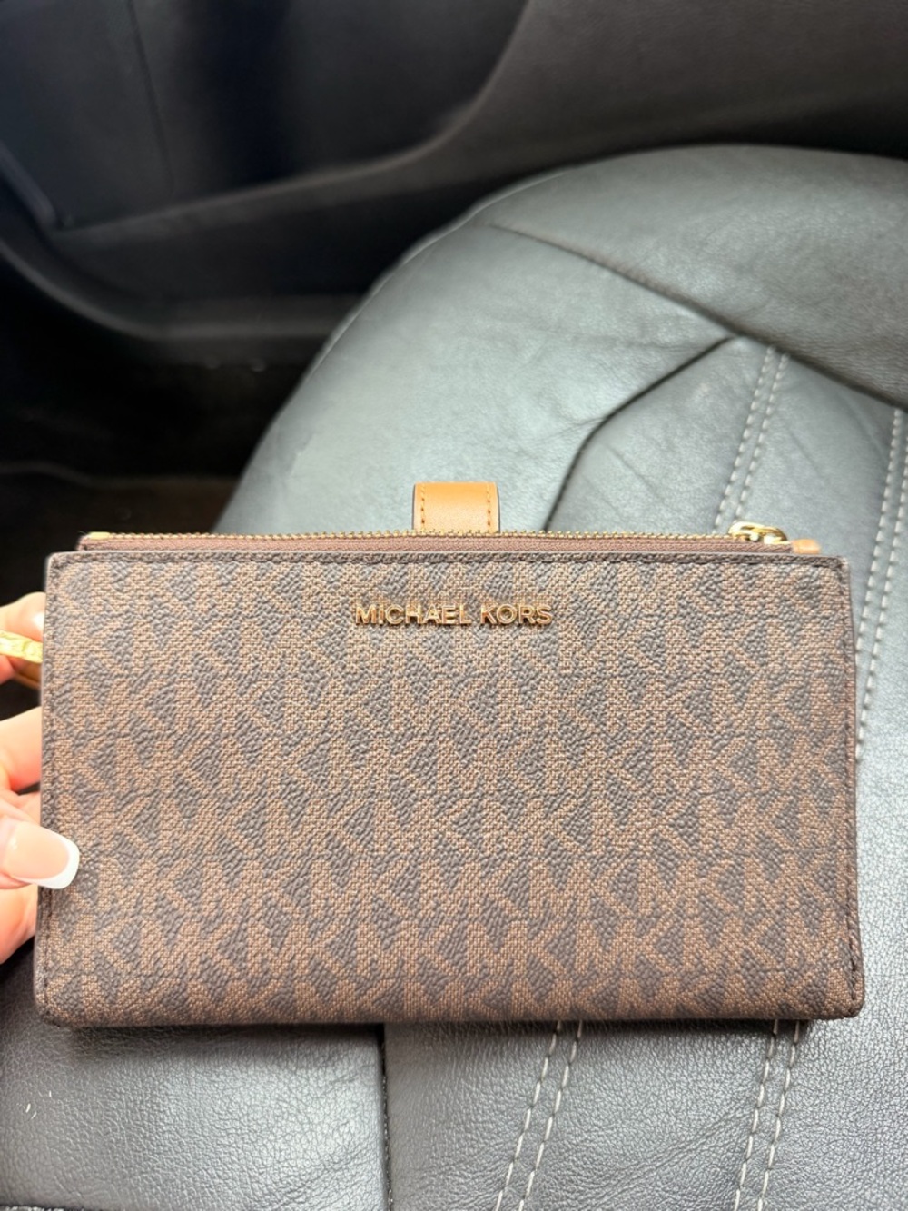 Michael Kors Brown Monogram Zip Wallet/ Wristlet with Tan Trim
